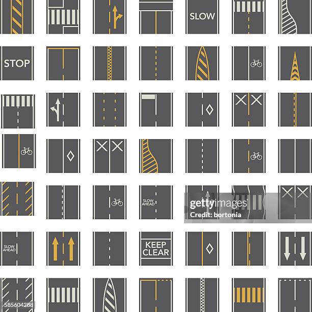 bildbanksillustrationer, clip art samt tecknat material och ikoner med seamless road construction tiles kit - overhead perspective - vägmarkering