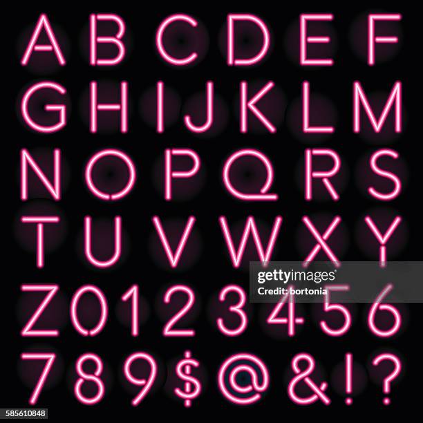 pink neon style lettering alphabet set - neon colored stock illustrations
