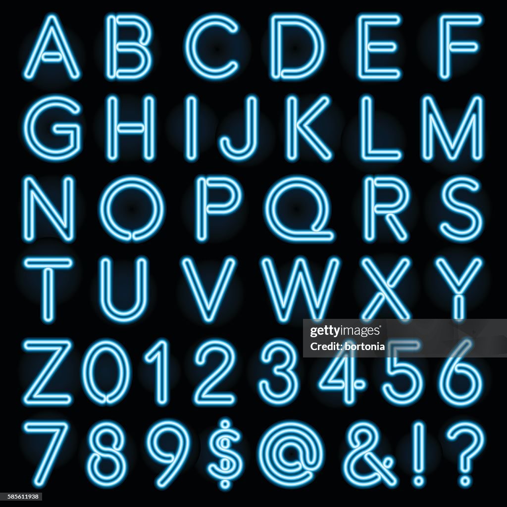 Blue Neon Style Lettering Alphabet Set