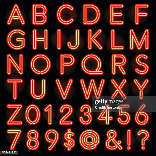 roter neon stil schriftzug alphabet set - neonlicht stock-grafiken, -clipart, -cartoons und -symbole