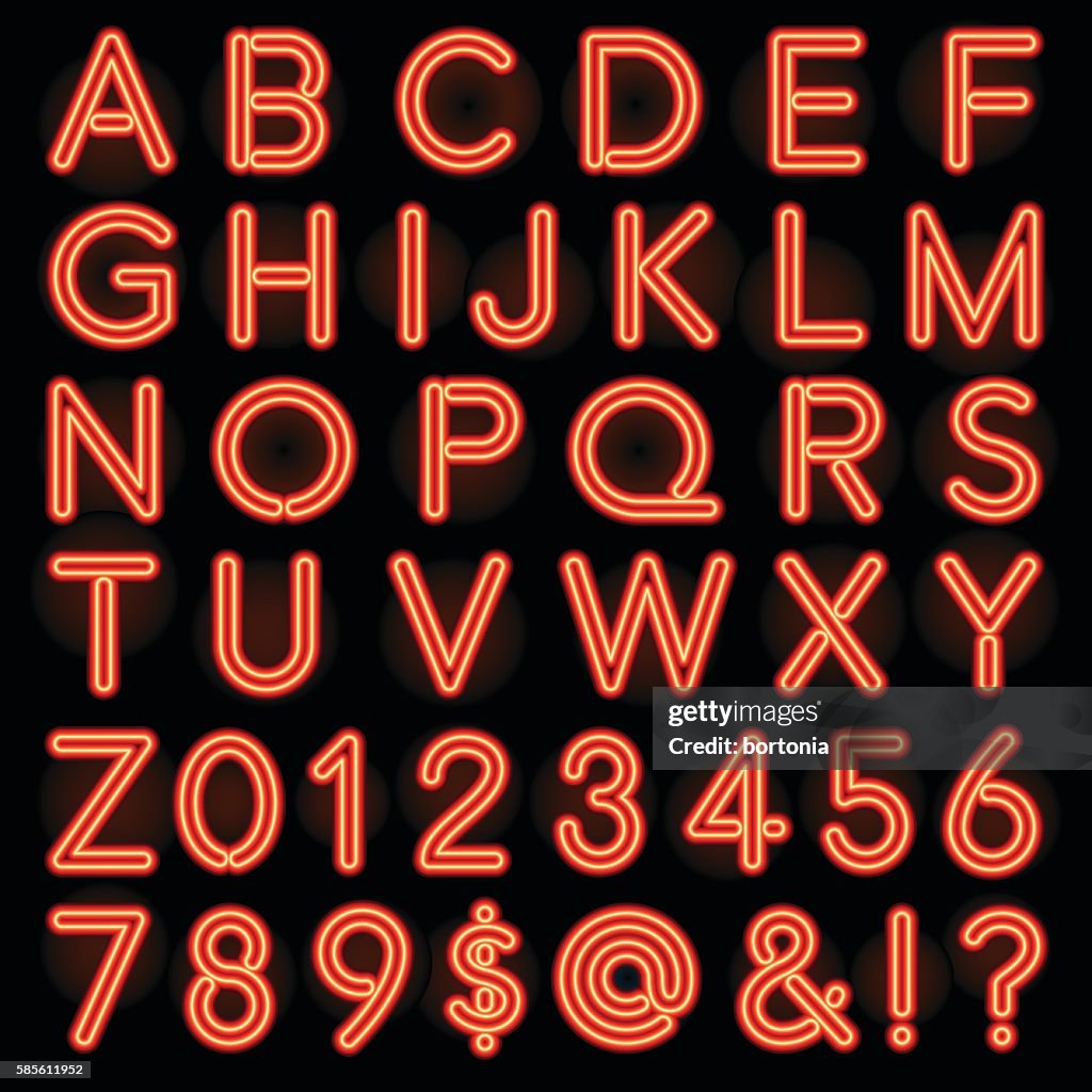 Red Neon Style Lettering Alphabet Set