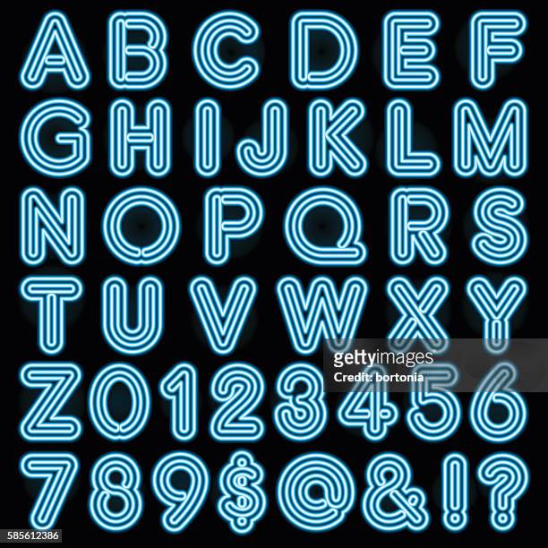 blau erdde stil schriftzug alphabet set - neon numbers stock-grafiken, -clipart, -cartoons und -symbole