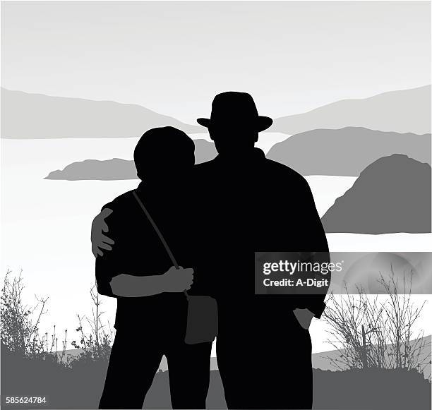 adventurous elder couple mountains - positive healthy middle age woman stock illustrations