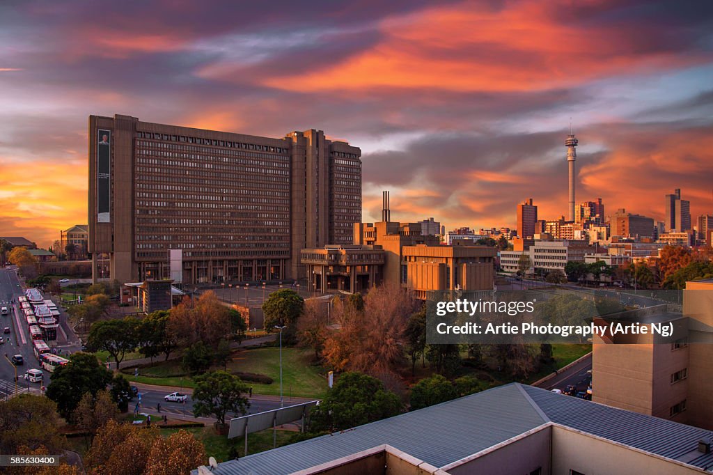 Sunset View of City Council Building and Hillbrow Tower (JG Strijdom Tower), Johannesburg, Gauteng, South Africa