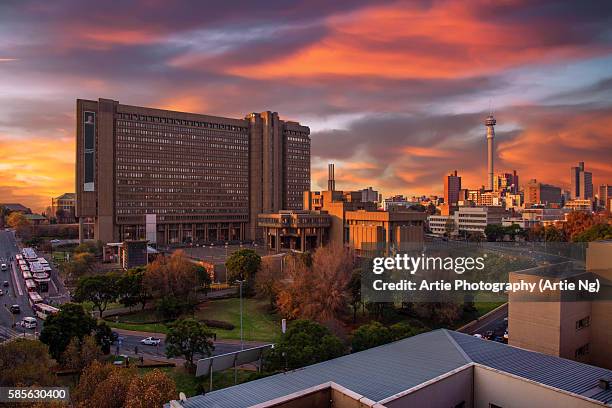 sunset view of city council building and hillbrow tower (jg strijdom tower), johannesburg, gauteng, south africa - johannesburg stockfoto's en -beelden