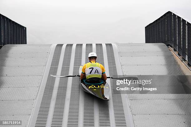 Lucien Delfour of Australia trains in the K2 during a Canoe Slalom training session at Whitewater Stadium on August 3, 2016 in Rio de Janeiro, Brazil.