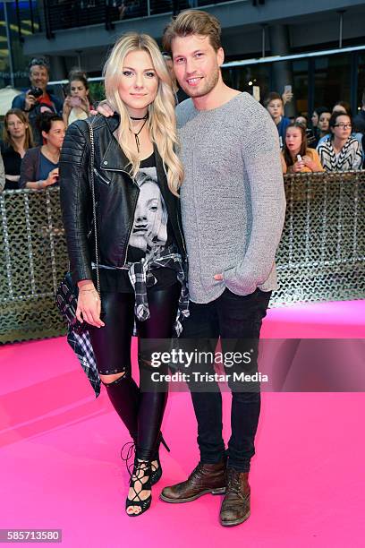 German actor Raul Richter and his girlfriend german actress Valentina Pahde attend the Suicide Squad Live Event at CineStar on August 3, 2016 in...