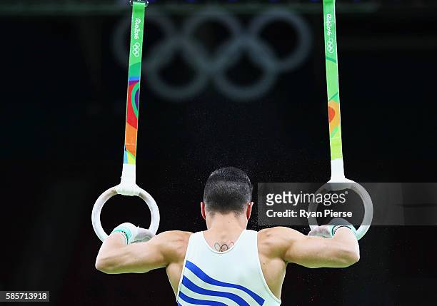 Eleftherios Petrounias of Greece trains on the rings ahead of the Artistic Gymnastics Event at the Olympic Park on August 3, 2016 in Rio de Janeiro,...
