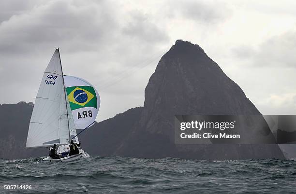 Fernanda Oliveira and Ana Luiza Barbachan of Brazil in action in their 470 class dinghy during training ahead of the Rio 2016 Olympic Games at the...