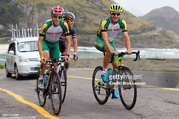 Louis Meintjes of South Africa, Rochelle Gilmore of Australia and Daryl Impey of South Africa ride the road race course in training on August 3, 2016...