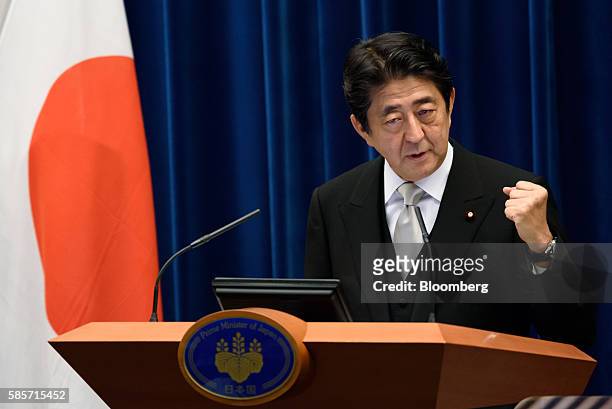 Shinzo Abe, Japan's prime minister, speaks during a press conference held at his official residence in Tokyo, Japan, on Wednesday, Aug. 3, 2016. In a...