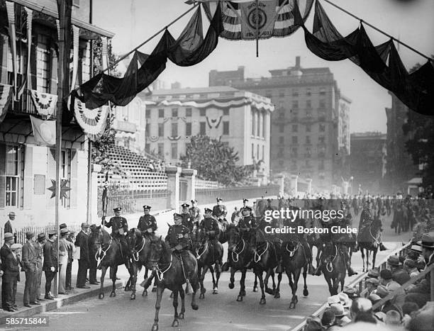 The Boston Mounted Police march in Boston's biggest parade ever as 50,000 survivors of World War I marched as members of honor of the American Legion...