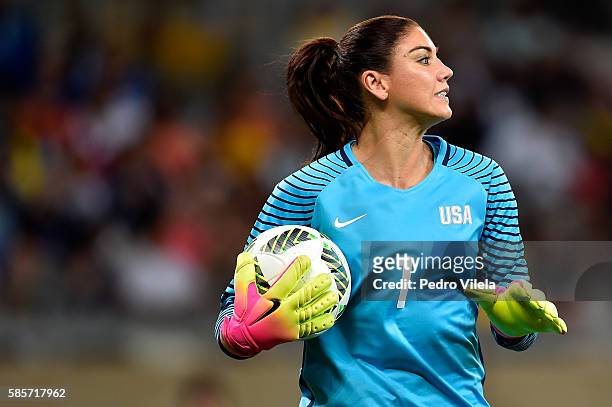 Hope Solo of United States looks on during the Women's Group G first round match between the United States and New Zealand during the Rio 2016...