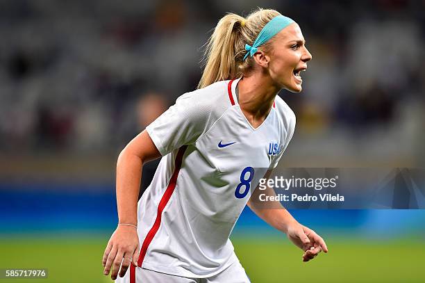 Julie Johnston of United States reacts during the Women's Group G first round match between the United States and New Zealand during the Rio 2016...