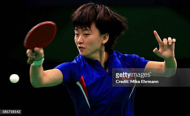 Ri Myong-Sun of People's Republic of Korea practices during a training session for table tennis at Riocentro Pavilion 3 on August 3, 2016 in Rio de...