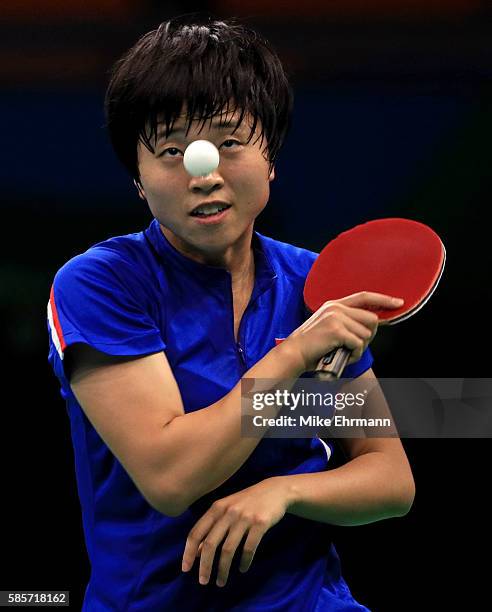 Ri Myong-Sun of People's Republic of Korea practices during a training session for table tennis at Riocentro Pavilion 3 on August 3, 2016 in Rio de...