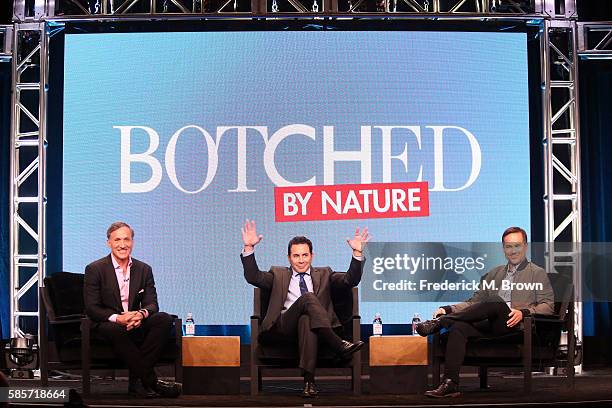 Dr. Terry Dubrow, Dr. Paul Nassif and executive producer Matt Westmore speak onstage at the 'Botched by Nature' panel discussion during the...