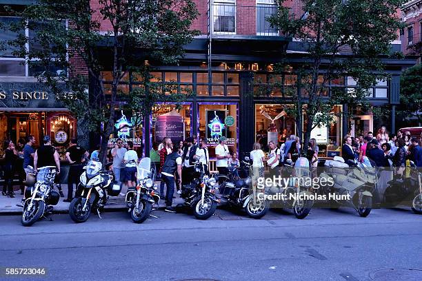 View of the LifeRide for amfAR riders at the Kiehl's national LifeRide for amfAR celebration at the NYC flagship store on August 3, 2016 in New York...