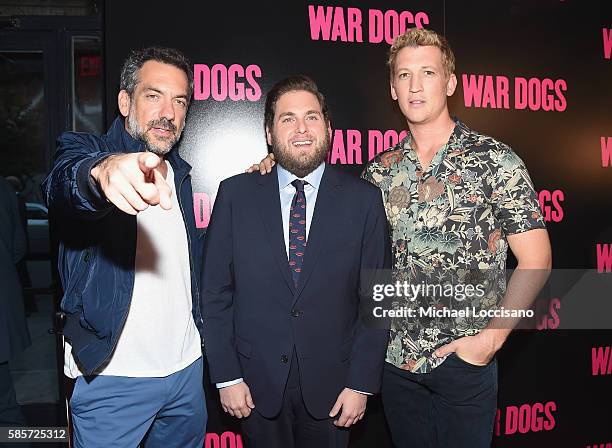 Director Todd Phillips, actors Jonah Hill and Miles Teller attend the "War Dogs" New York Premiere at Metrograph on August 3, 2016 in New York City.