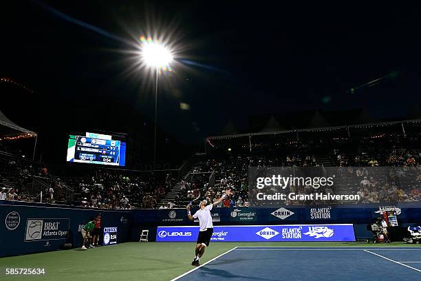 John Isner of the Unites States serves to Adrian Mannarino of France during the BB&T Atlanta Open at Atlantic Station on August 3, 2016 in Atlanta,...