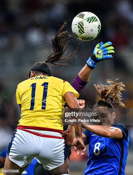 Jessica Houara of France and Catalina Perez of Colombia battle for the ball during a match between France and Colombia as part of Women's Football -...