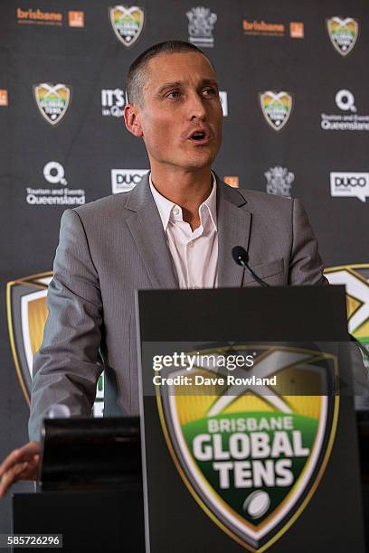 Director of Duco Events David Higgins speaks to the media during the Rugby 10's Launch at Spencer on Byron Hotel on August 4, 2016 in Auckland, New...