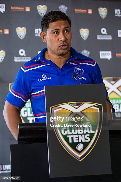 Samoa Rugby Coach Alama Ieremia speaks to the media during the Rugby 10's Launch at Spencer on Byron Hotel on August 4, 2016 in Auckland, New...