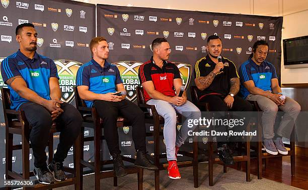 Rugby Players Jerome Kaino , Ihaia West, Israel Dagg, Hika Elliot and Blues coach Tana Umaga speak to the media during the Rugby 10's Launch at...