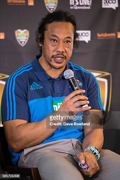 Blues coach Tana Umaga speaks to the media during the Rugby 10's Launch at Spencer on Byron Hotel on August 4, 2016 in Auckland, New Zealand. The...