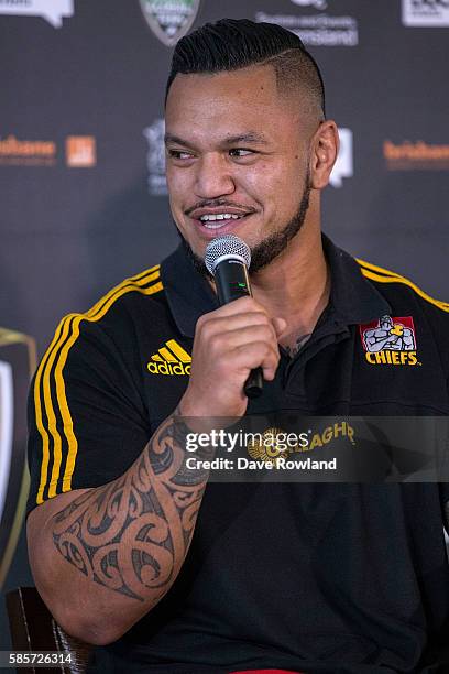 Chiefs Player Hika Elliot speaks to the media during the Rugby 10's Launch at Spencer on Byron Hotel on August 4, 2016 in Auckland, New Zealand. The...