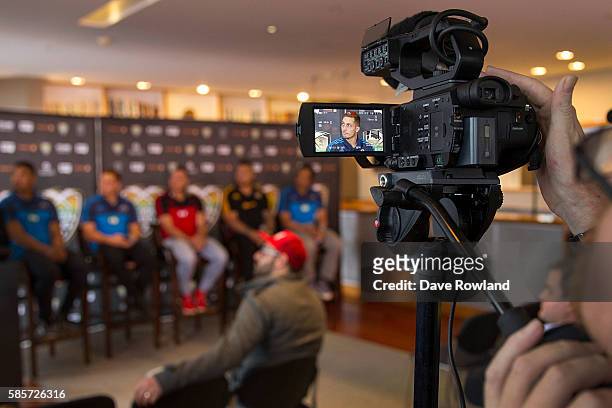 Reflected on a camera Blues player Ihaia West speaks to the media during the Rugby 10's Launch at Spencer on Byron Hotel on August 4, 2016 in...