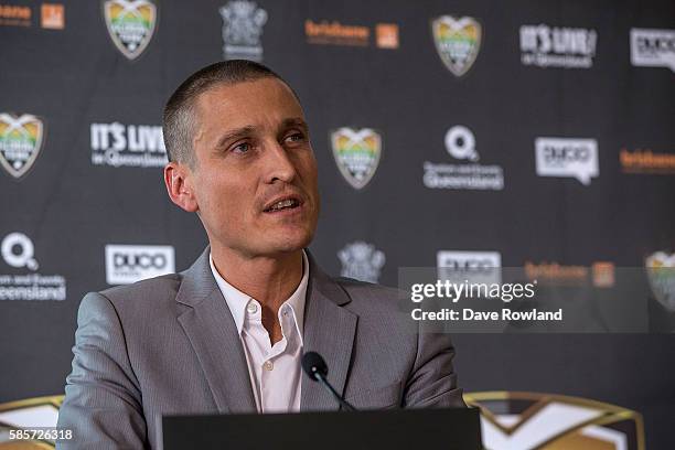 Director of Duco Events David Higgins speaks to the media during the Rugby 10's Launch at Spencer on Byron Hotel on August 4, 2016 in Auckland, New...