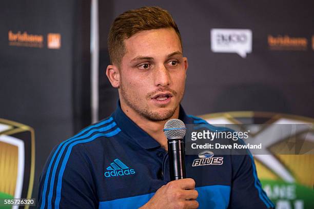 Blues player Ihaia West speaks to the media during the Rugby 10's Launch at Spencer on Byron Hotel on August 4, 2016 in Auckland, New Zealand. The...