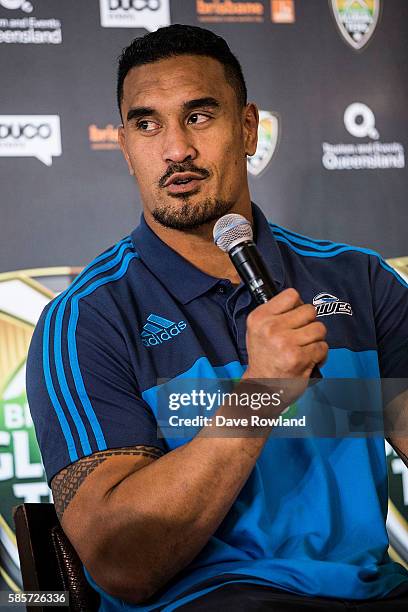 Blues player Jerome Kaino speaks to the media during the Rugby 10's Launch at Spencer on Byron Hotel on August 4, 2016 in Auckland, New Zealand. The...