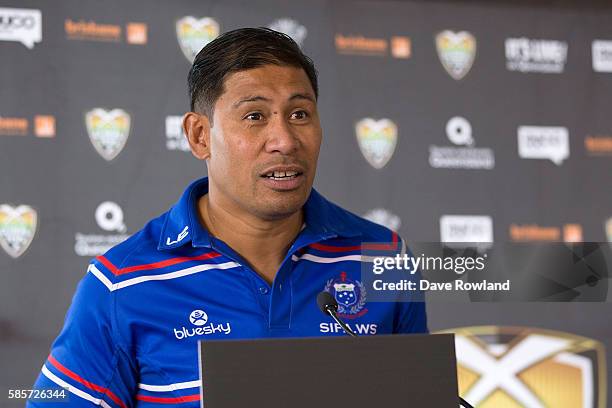 Samoa Rugby Coach Alama Ieremia speaks to the media during the Rugby 10's Launch at Spencer on Byron Hotel on August 4, 2016 in Auckland, New...