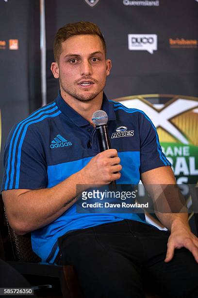 Blues player Ihaia West speaks to the media during the Rugby 10's Launch at Spencer on Byron Hotel on August 4, 2016 in Auckland, New Zealand. The...