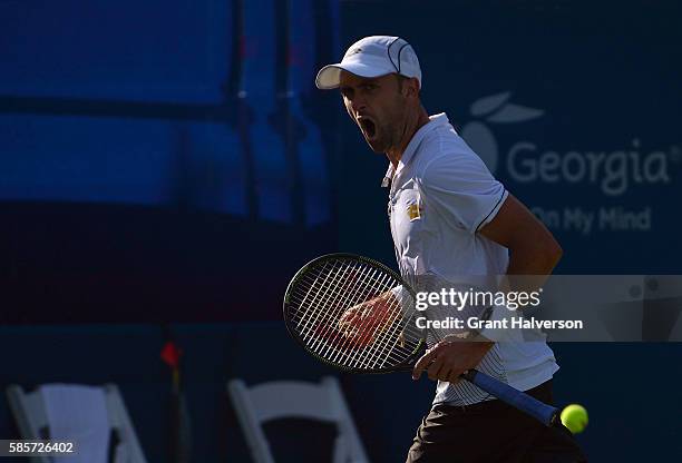 Tim Smyczek of the Unites States reacts during his match against Donald Young of the United States during the BB&T Atlanta Open at Atlantic Station...