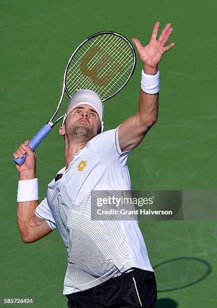 Tim Smyczek of the Unites States serves to Donald Young of the United States during the BB&T Atlanta Open at Atlantic Station on August 3, 2016 in...