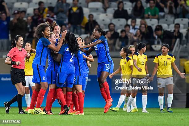 Players of France celebrates a scored goal against Colombia during a match between France and Colombia as part of Women's Football - Olympics at...