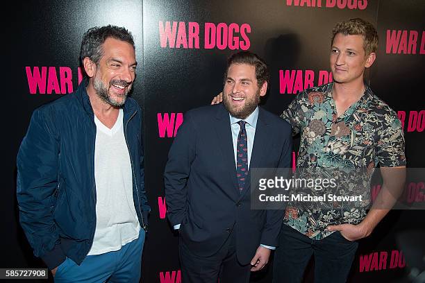 Todd Phillips, Jonah Hill and Miles Teller attend the "War Dogs" New York premiere at Metrograph on August 3, 2016 in New York City.