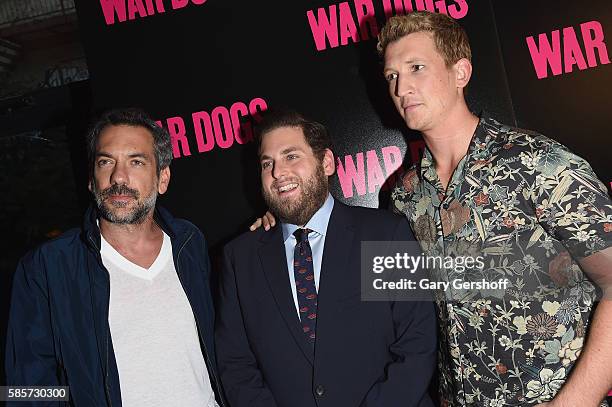 Director Todd Phillips and actors Jonah Hill and Miles Teller attend the "War Dogs" New York premiere at The Metrograph Theatre on August 3, 2016 in...