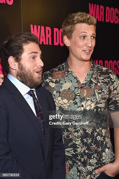 Actors Jonah Hill and Miles Teller attend the "War Dogs" New York premiere at The Metrograph Theatre on August 3, 2016 in New York City.