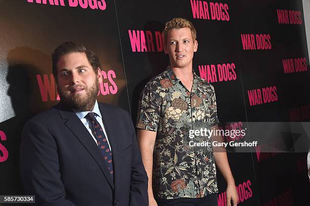 Actors Jonah Hill and Miles Teller attend the "War Dogs" New York premiere at The Metrograph Theatre on August 3, 2016 in New York City.