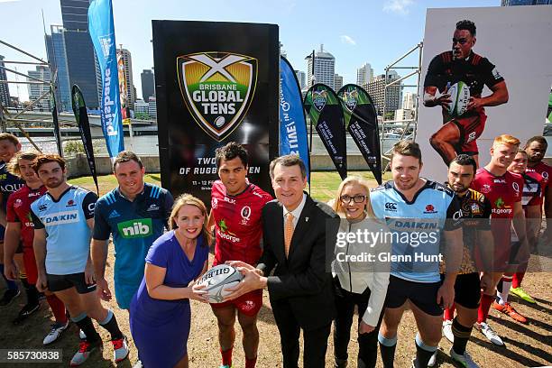 Qld Minister for Tourism and Major Events Kate Jones, Reds Karmichael Hunt, Brisbane Mayor Graham Quirk and Duco Events CEO Rachel Carroll with other...