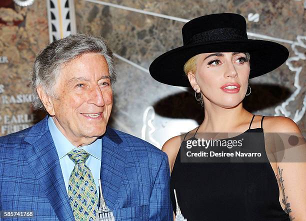 Lady Gaga and Tony Bennett Light The Empire State Building in honor of Bennett's 90th Birthday at The Empire State Building on August 3, 2016 in New...