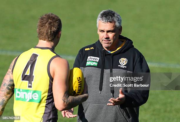 Dustin Martin of the Tigers and Mark Williams, Tigers Senior Development Coach talk during a Richmond Tigers AFL training session at Punt Road Oval...