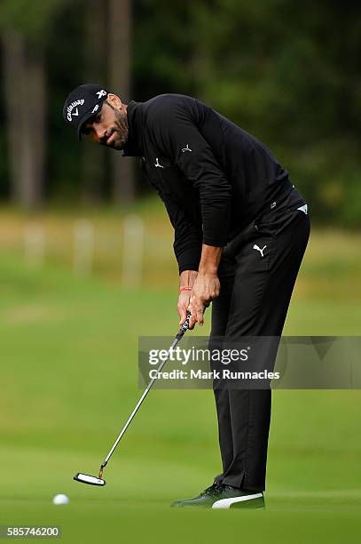 Alvaro Quiros of Spain putting on the green of hole 1 on day one of the Aberdeen Asset Management Paul Lawrie Matchplay at Archerfield Links Golf...