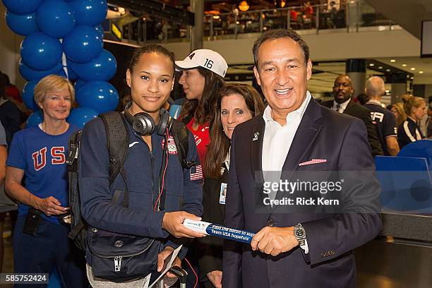 Paige McPherson , United Airlines CEO Oscar Munoz and United Airlines celebrate Team USA as over 85 U.S. Athletes get ready to board their flight at...