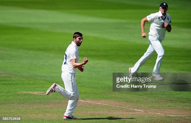 Mark Wood of Durham celebrates after dismissing Roelof Van Der Merwe of Somerset during Day One of the Specsavers County Championship Division One...