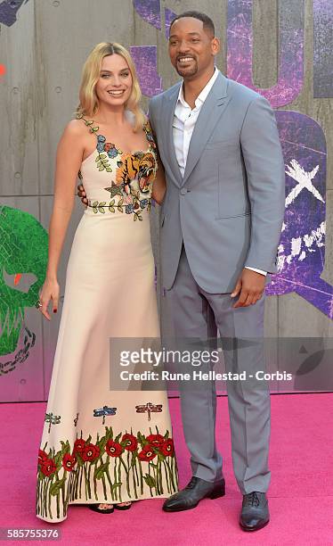 Will Smith and Margot Robbie attend the European Premiere of "Suicide Squad" at Odeon Leicester Square on August 3, 2016 in London, England.